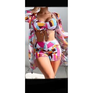 OP Womens Abstract 3Piece Ruched Bikini Swimwear Outfit Size Large